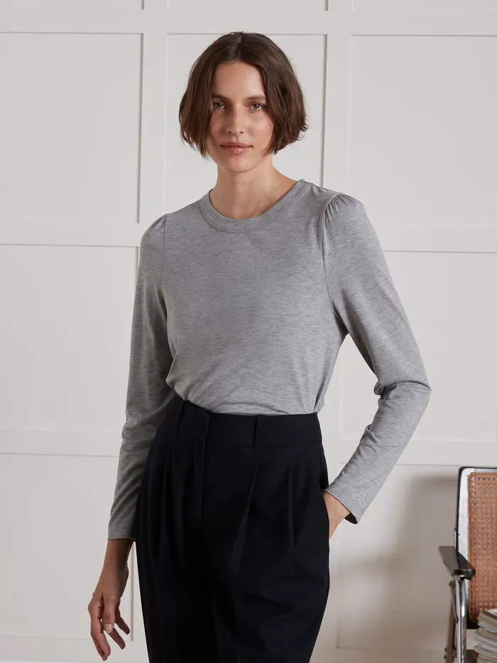 Women Cyrillus Clothing Lyocell And Cotton TShirt With Long Sleeves Gris Chine