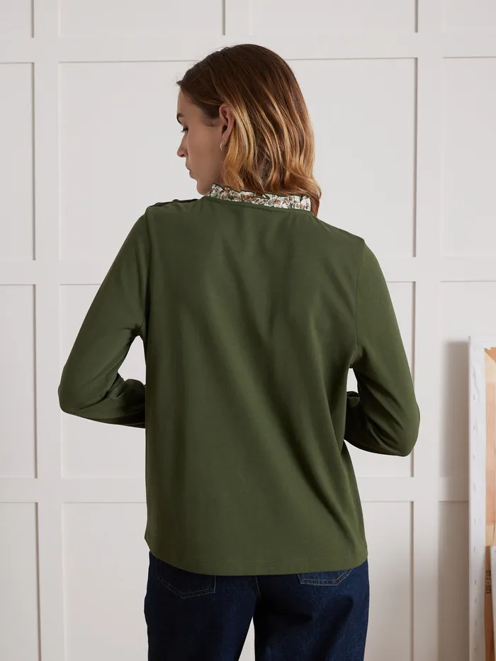 Women Cyrillus Clothing Organic Cotton TShirt With Collar Made With Liberty Fabric Vert Chasse