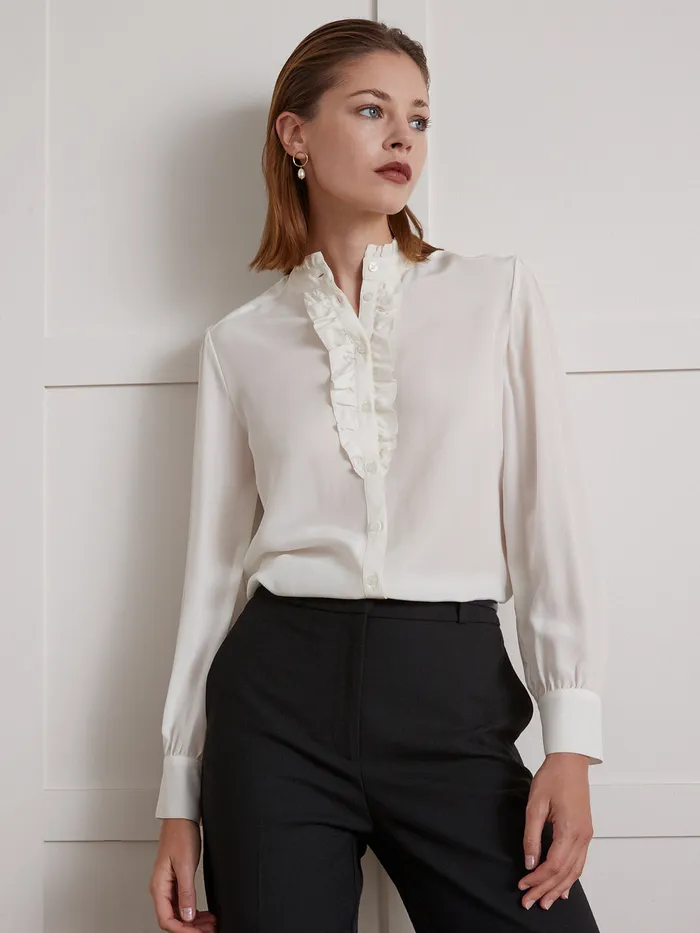 Women Cyrillus Clothing Silk Ruffled Blouse Ecru