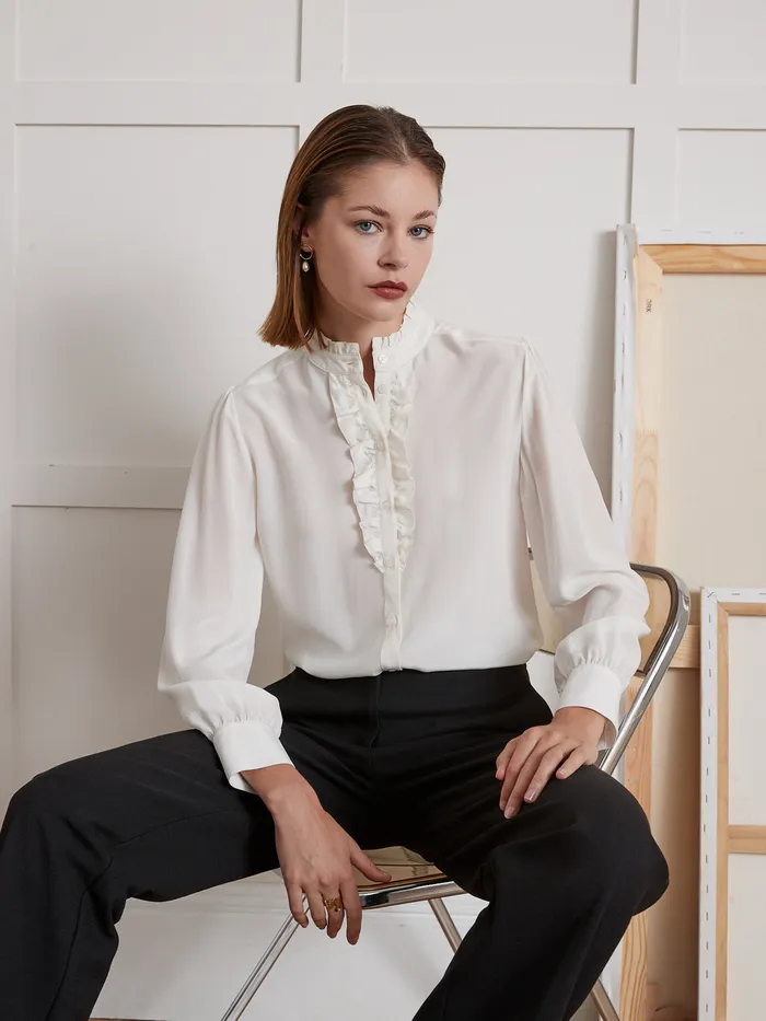 Women Cyrillus Clothing Silk Ruffled Blouse Ecru