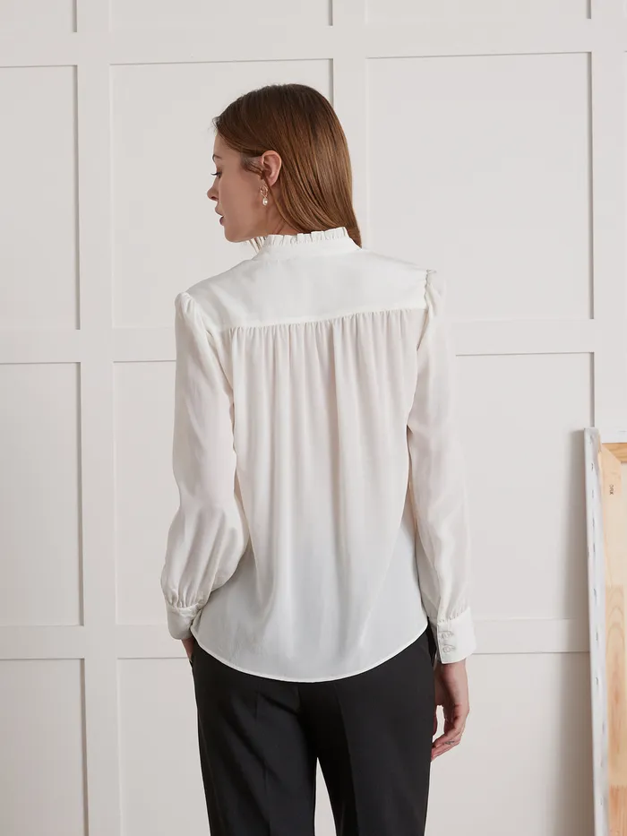 Women Cyrillus Clothing Silk Ruffled Blouse Ecru