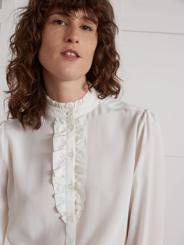 Women Cyrillus Clothing Silk Ruffled Blouse Ecru