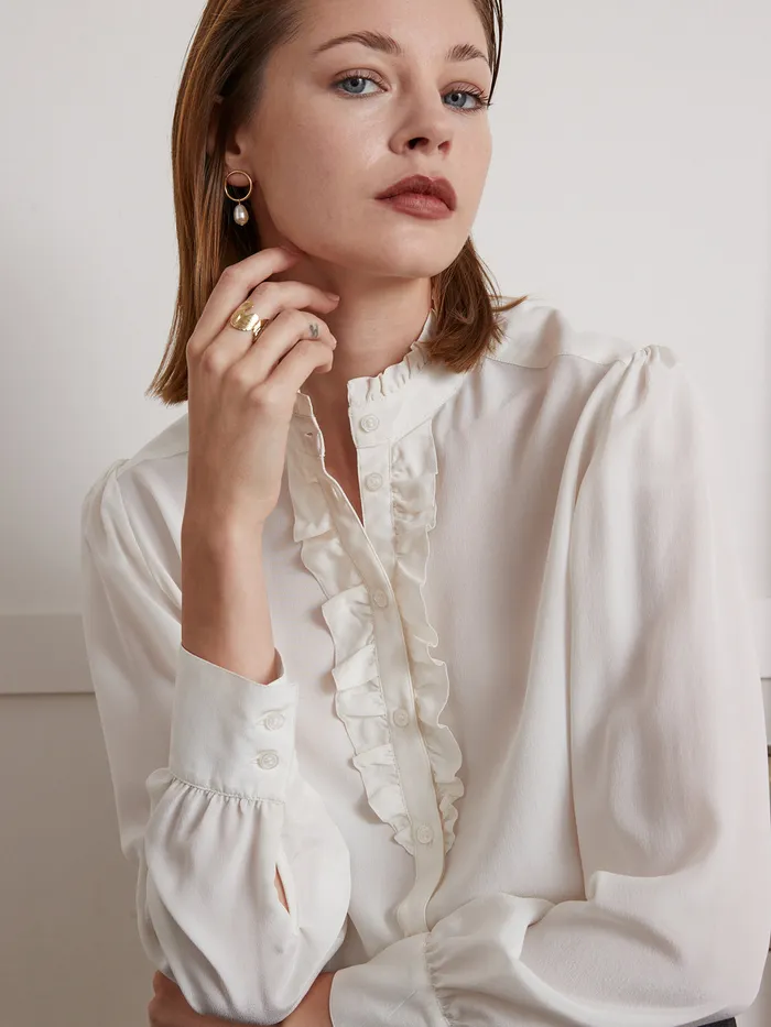 Women Cyrillus Clothing Silk Ruffled Blouse Ecru