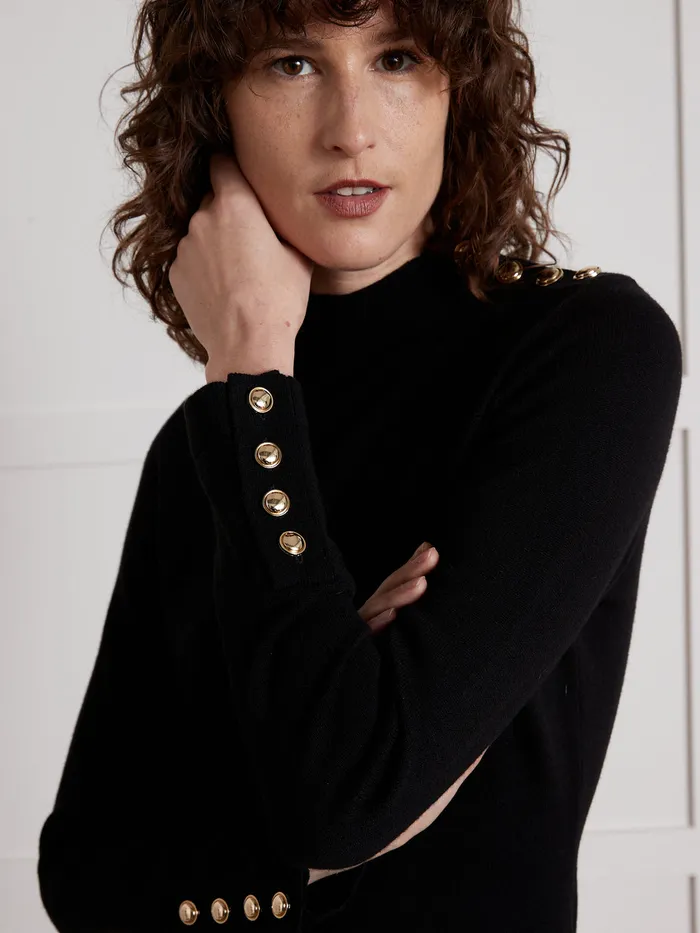 Women Cyrillus Clothing SweaterDress With High Neckline And Golden Buttons Noir