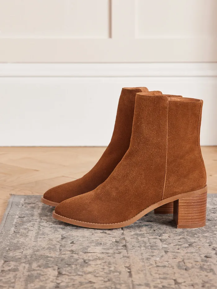 Women Cyrillus Shoes Split Leather Ankle Boots With Square Heel Camel