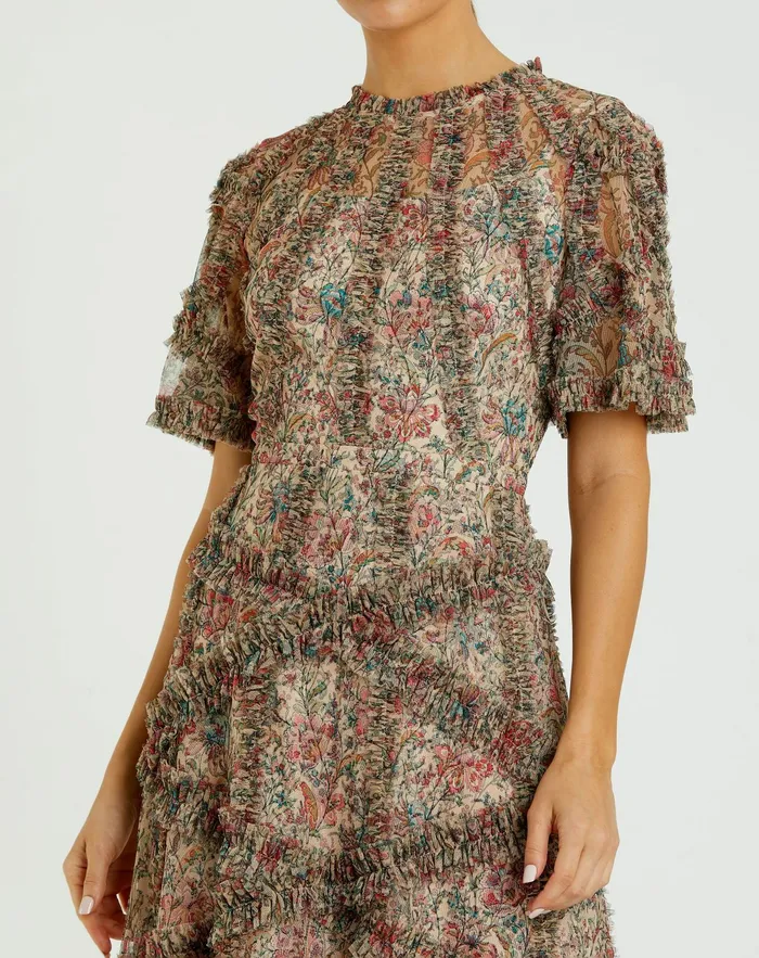 Women Daytime Dresses Mac Duggal Beige Floral Flutter Sleeve Mesh Print Dress Beige Multi