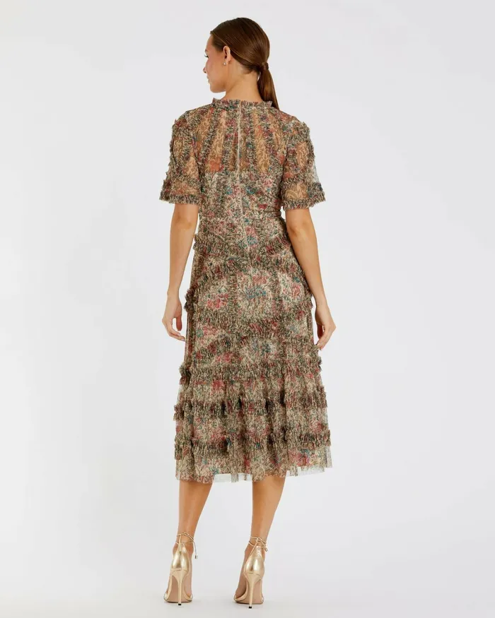 Women Daytime Dresses Mac Duggal Beige Floral Flutter Sleeve Mesh Print Dress Beige Multi