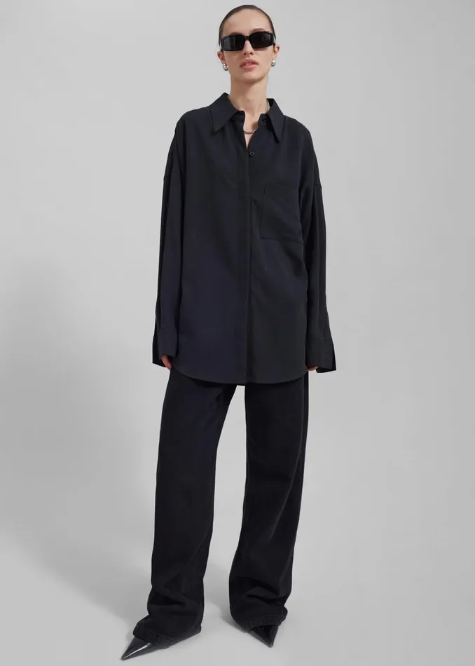 Women Della Midweight Button Up Shirt 8211 Black The Frankie Shop Tops