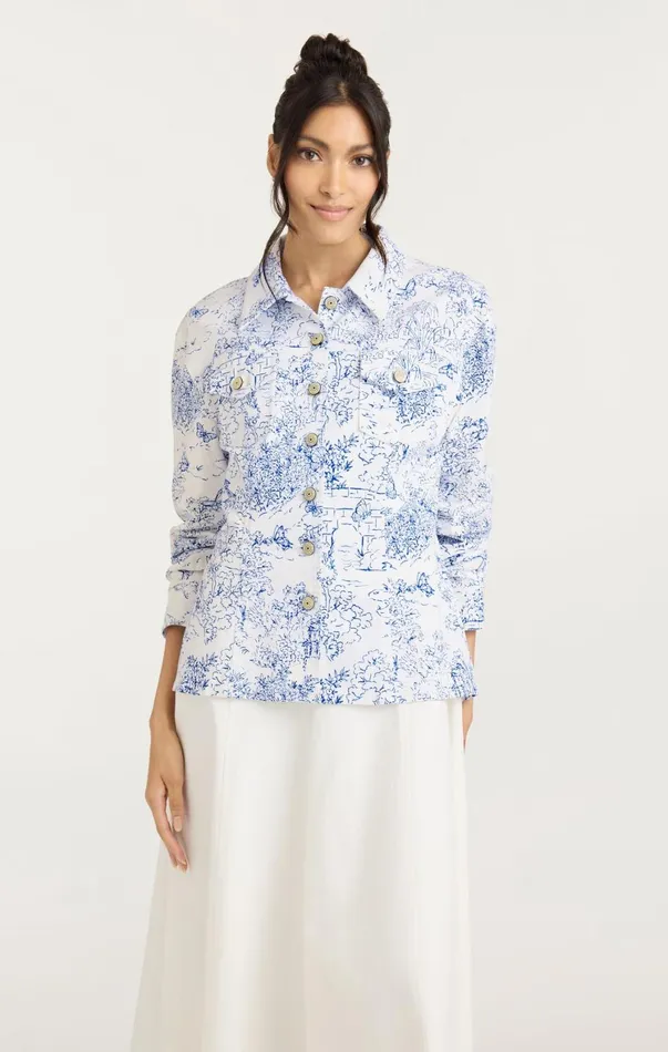 Women Denim Cinq Sept Garden Toile Scrunched Canyon Jacket Whiteblue