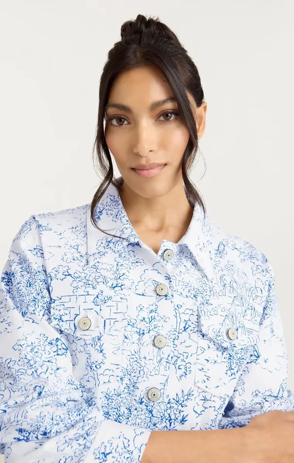 Women Denim Cinq Sept Garden Toile Scrunched Canyon Jacket Whiteblue