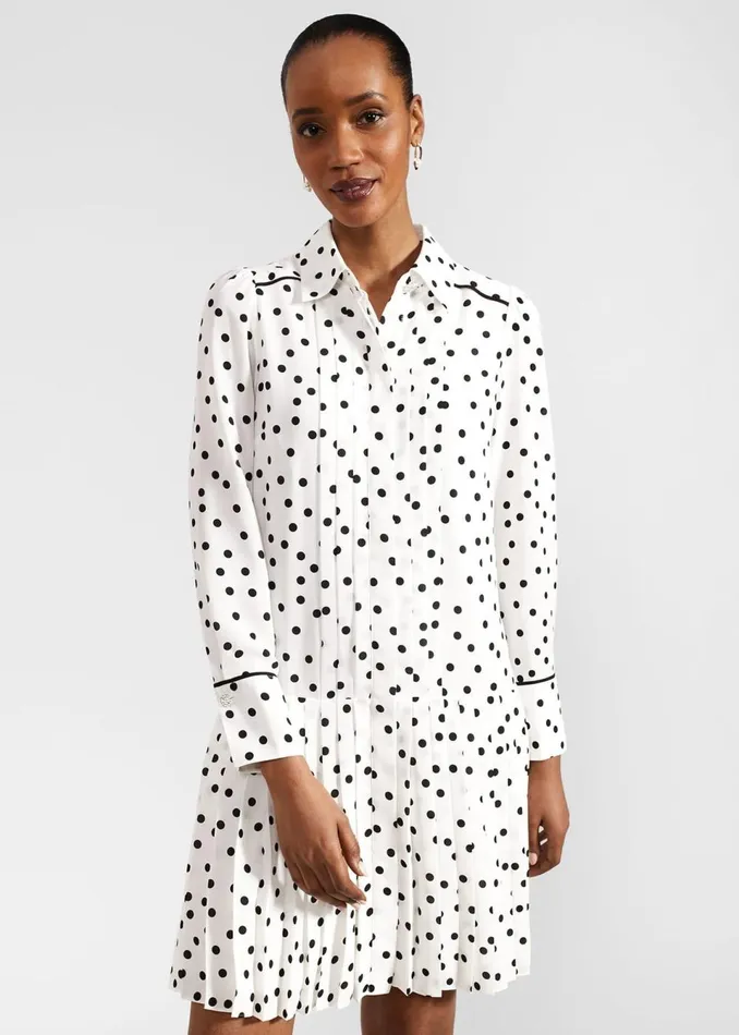 Women Dresses and Jumpsuits Hobbs Francesca Spot Pleated Dress Ivory Black