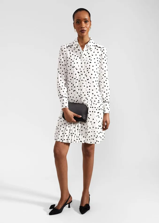 Women Dresses and Jumpsuits Hobbs Francesca Spot Pleated Dress Ivory Black