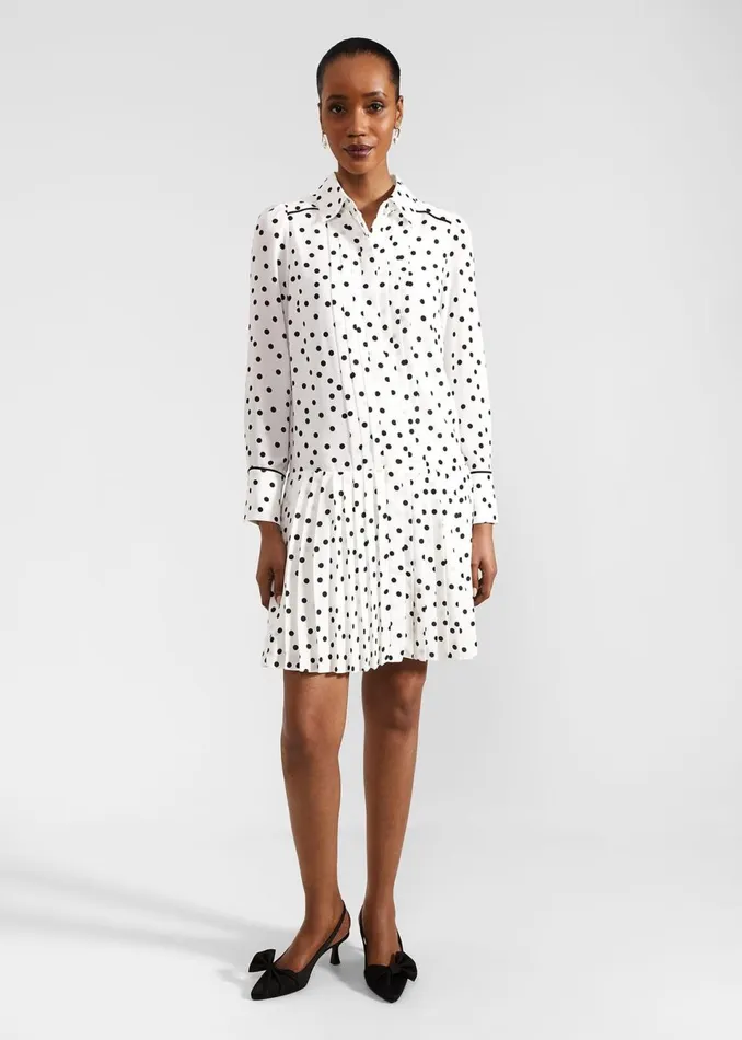 Women Dresses and Jumpsuits Hobbs Francesca Spot Pleated Dress Ivory Black