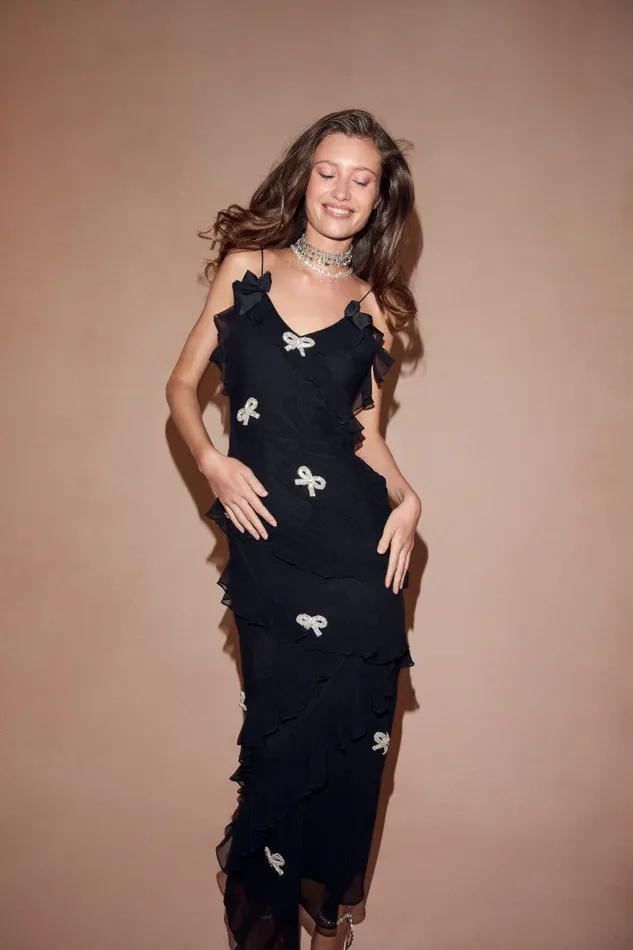 Women Dresses LoveShackFancy Rialto Crystal BowEmbellished Maxi Dress Black
