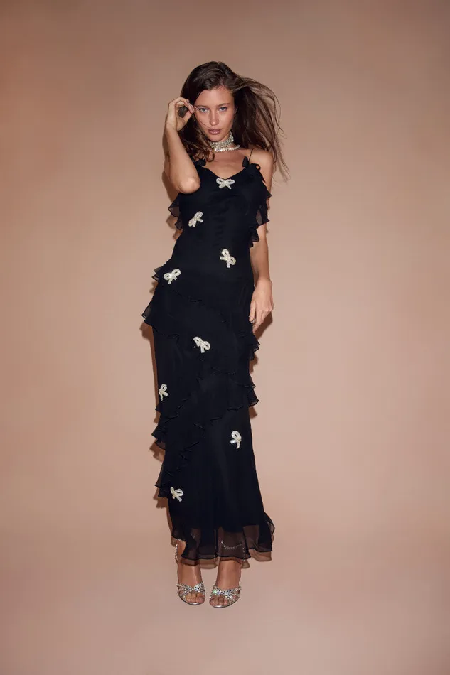 Women Dresses LoveShackFancy Rialto Crystal BowEmbellished Maxi Dress Black