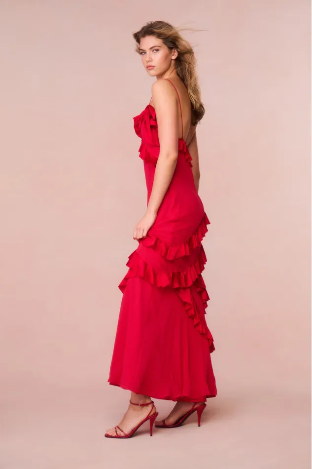 Women Dresses LoveShackFancy Rialto Silk Ruffle Maxi Dress Red