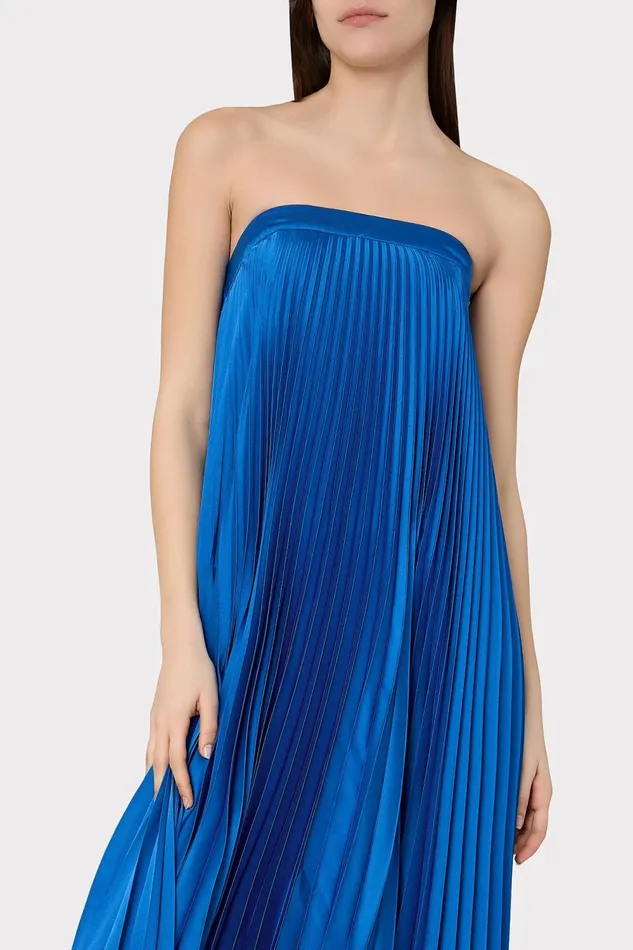 Women Dresses Milly Jordyn Satin Pleated Strapless Dress Blue