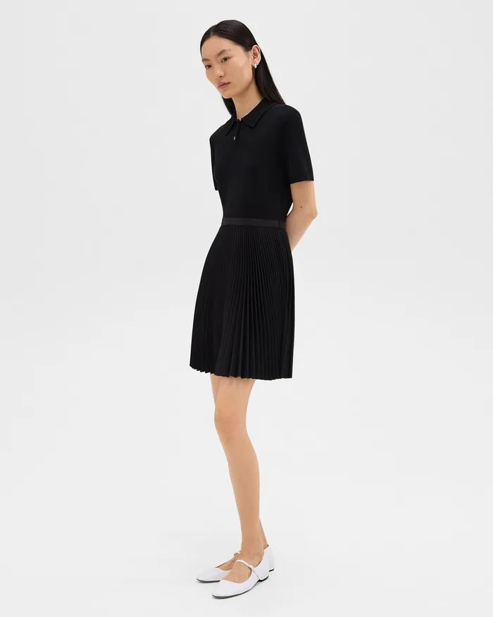Women Dresses Theory Pleated Combo Polo Dress In Stretch WoolBlend Black