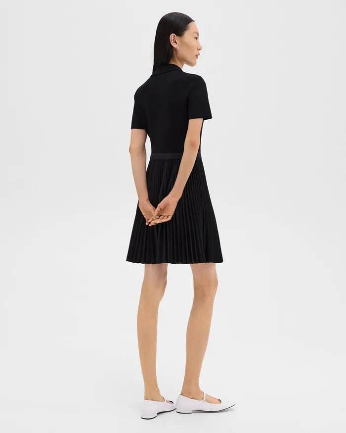 Women Dresses Theory Pleated Combo Polo Dress In Stretch WoolBlend Black