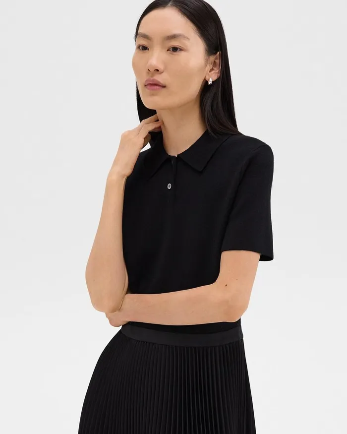 Women Dresses Theory Pleated Combo Polo Dress In Stretch WoolBlend Black