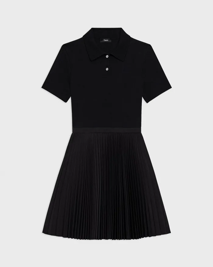 Women Dresses Theory Pleated Combo Polo Dress In Stretch WoolBlend Black