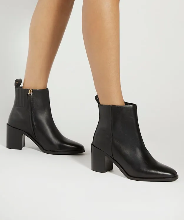 Women Dune London Ankle Boots Almond Toe Block Heel Western Boots Black
