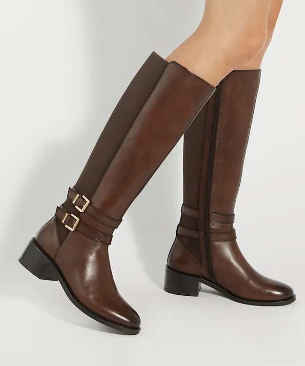 Women Dune London Flat Boots Leather Knee High Riding Boots Brown