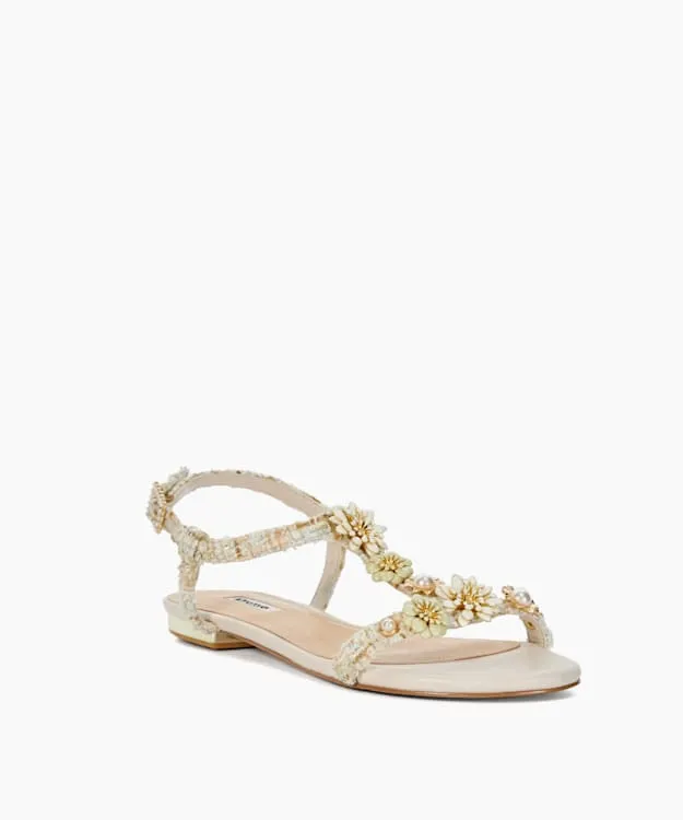 Women Dune London Flat Sandals Floral Embellished TBar Sandals Neutral