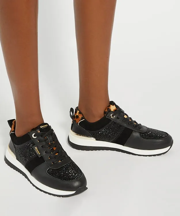 Women Dune London Flat Shoes Glitter Detail Lace Up Trainers Black