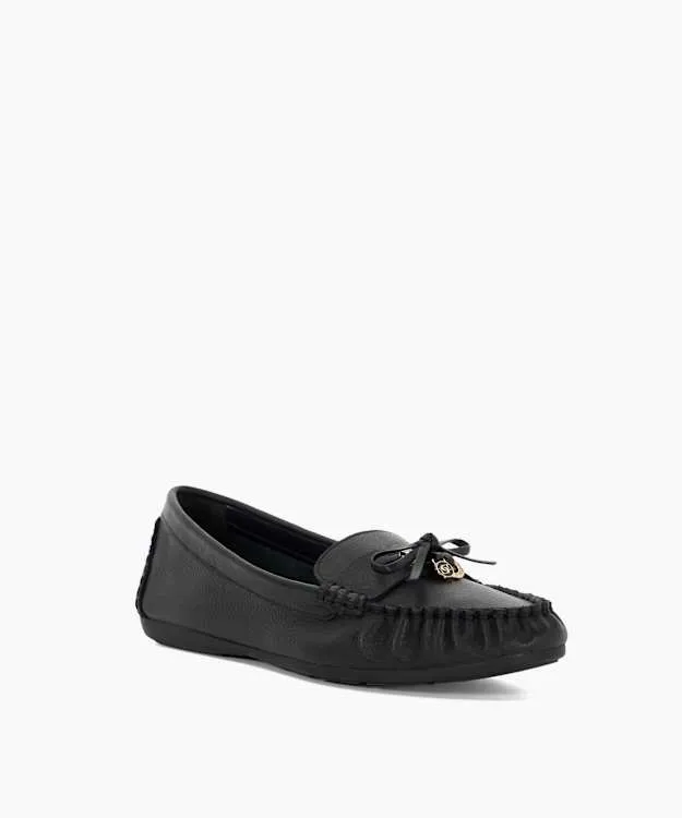 Women Dune London Flat Shoes Leather Moccasins With Bow Detail Black