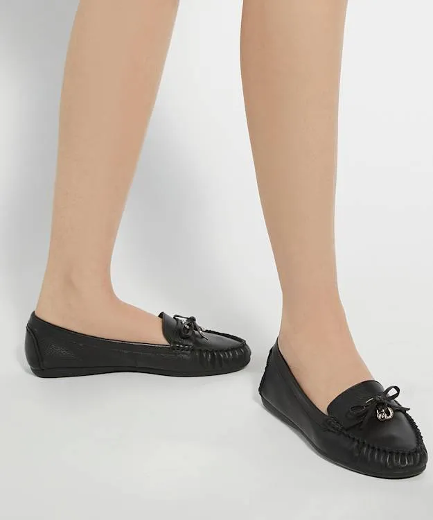 Women Dune London Flat Shoes Leather Moccasins With Bow Detail Black
