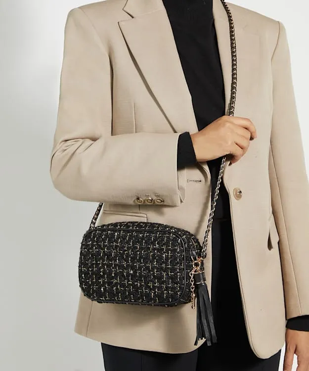 Women Dune London Handbags Leather Quilted Camera Bag Black Fabric