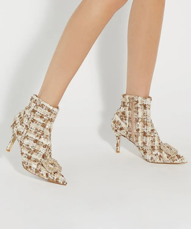 Women Dune London Heeled Boots Textured Heel Diamante Buckle Ankle Boots Neutral