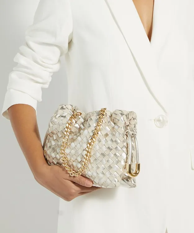 Women Dune London Leather Bags Small Drawstring Woven Leather Bag Metallic
