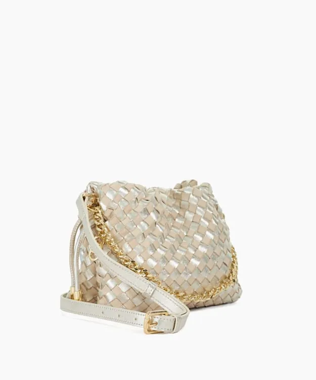 Women Dune London Leather Bags Small Drawstring Woven Leather Bag Metallic