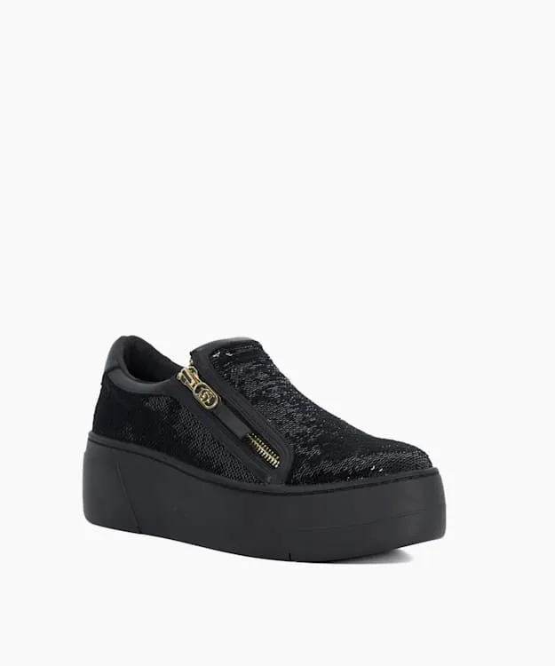 Women Dune London Trainers Sequin Side Zip Chunky Flatform Trainers Black Synthetic