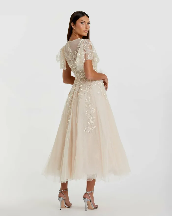 Women Embellished Flutter Sleeve Bow Waist A Line Dress Nude Cocktail Dresses Mac Duggal Women Embellished Flutter Sleeve Bow Waist A Line Dress Nude Cocktail Dresses Mac Duggal