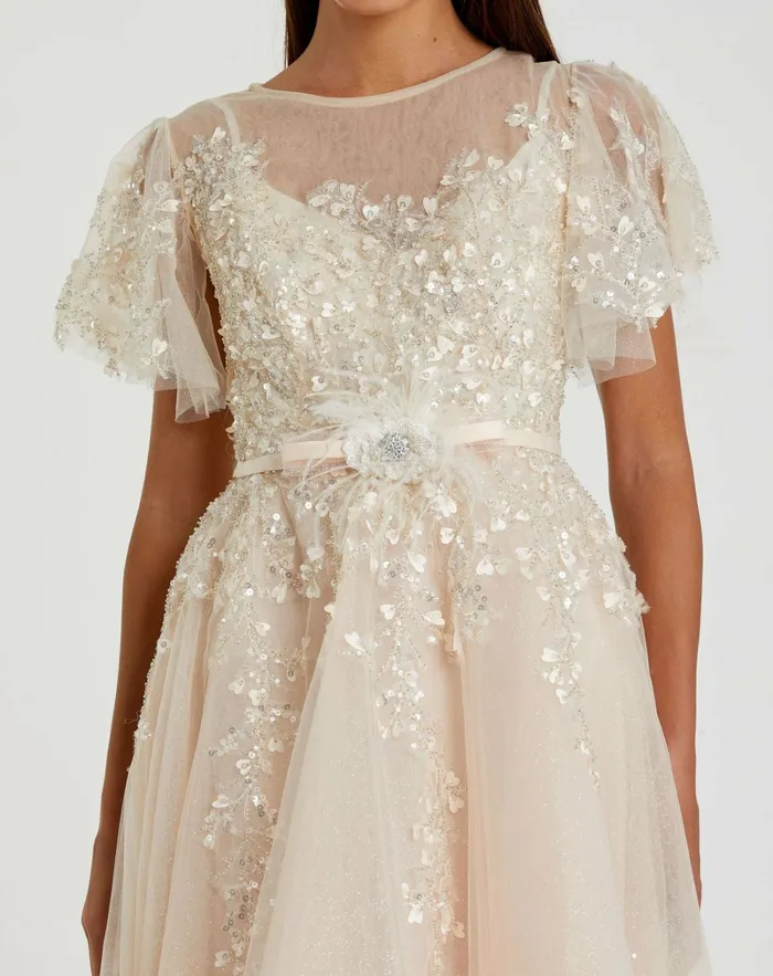Women Embellished Flutter Sleeve Bow Waist A Line Dress Nude Cocktail Dresses Mac Duggal Women Embellished Flutter Sleeve Bow Waist A Line Dress Nude Cocktail Dresses Mac Duggal