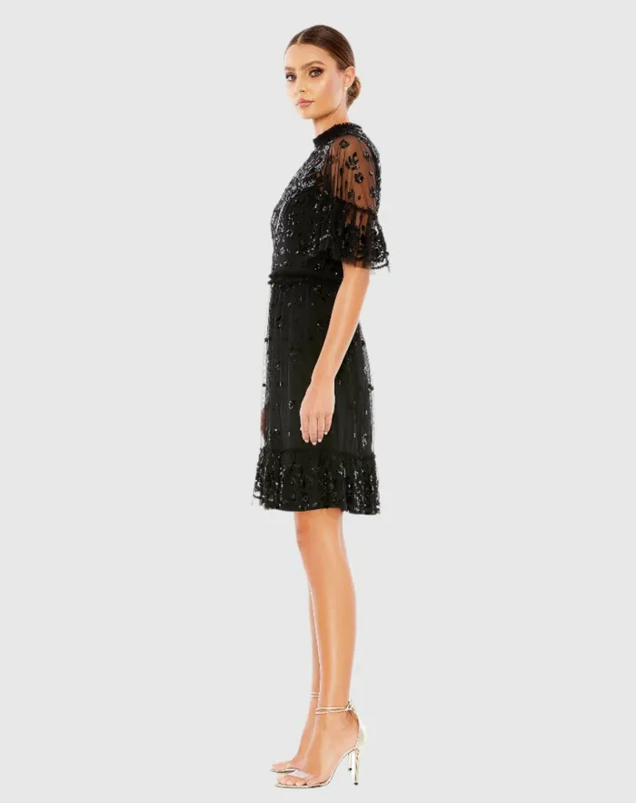 Women Embellished Illusion High Neck Mini Dress Black Cocktail Dresses Mac Duggal