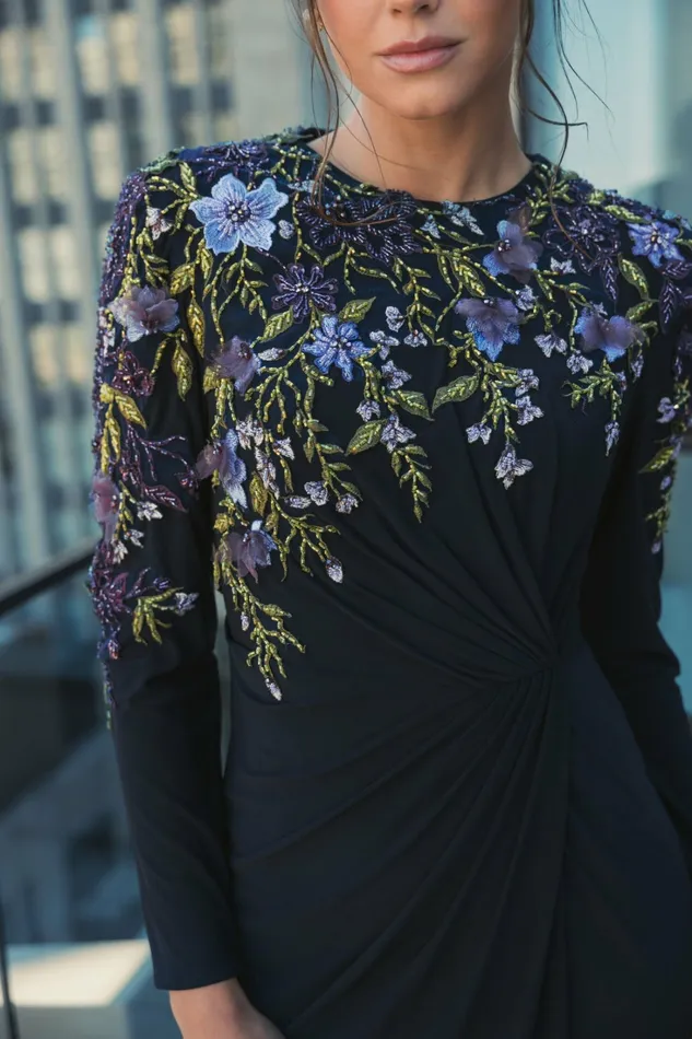 Women Embellished Long Sleeve Fitted Jersey Gown Midnight Best Sellers Mac Duggal