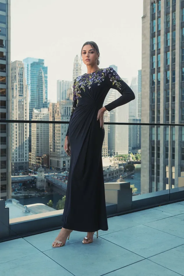 Women Embellished Long Sleeve Fitted Jersey Gown Midnight Best Sellers Mac Duggal