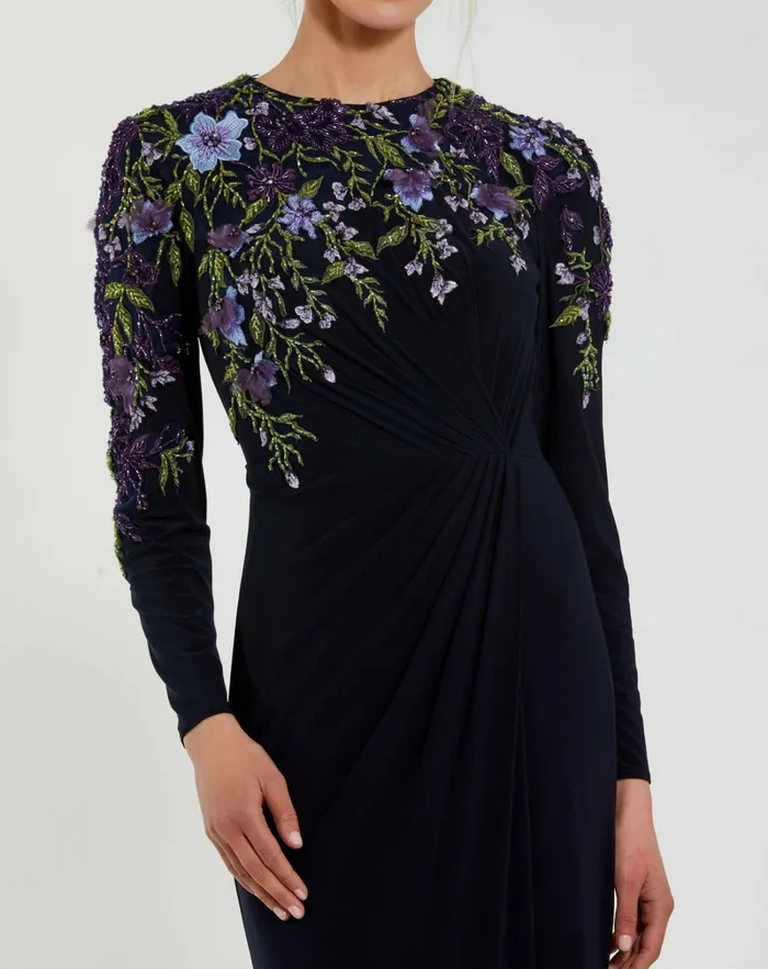 Women Embellished Long Sleeve Fitted Jersey Gown Midnight Best Sellers Mac Duggal