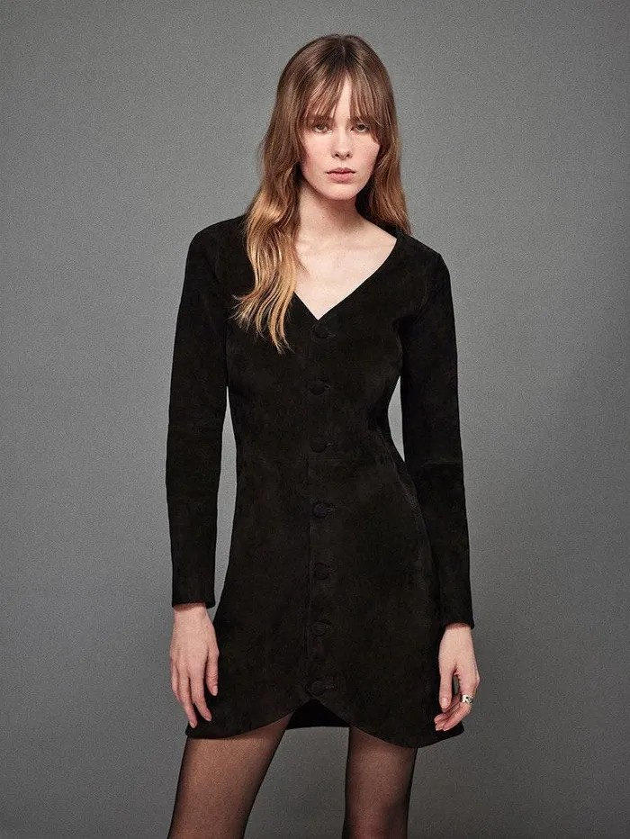 Women FRAME Leather and Suede Suede Button Front Mini Dress