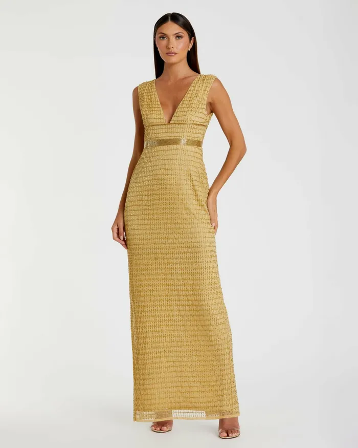 Women Gold Beaded Cap Sleeve V Neck Column Gown Gold Evening Gowns Mac Duggal