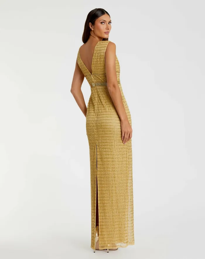 Women Gold Beaded Cap Sleeve V Neck Column Gown Gold Evening Gowns Mac Duggal