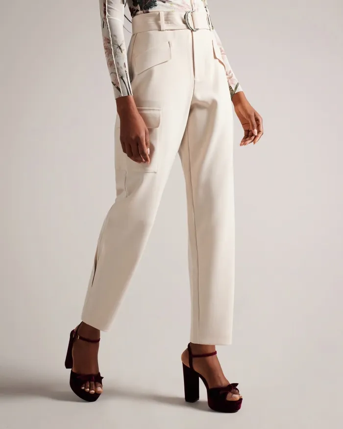 Women GRACIEH 8211 High Waist Tapered Cargo Trousers With Belt Nude Ted Baker Trousers and Shorts