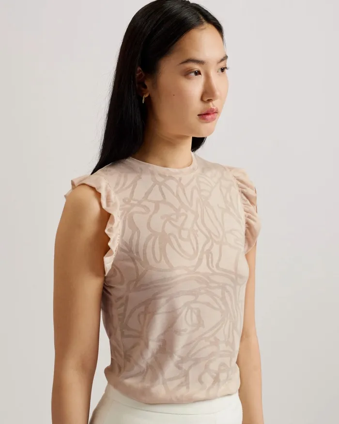 Women IILAA 8211 Frill Sleeve Burnout Pattern Top Light Pink Ted Baker Tops and Blouses