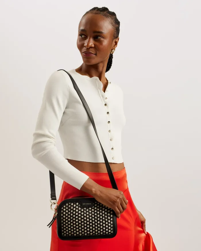 Women IVETA 8211 Webbing Crossbody Camera Bag With Woven Detail Black Ted Baker Crossbody Bags