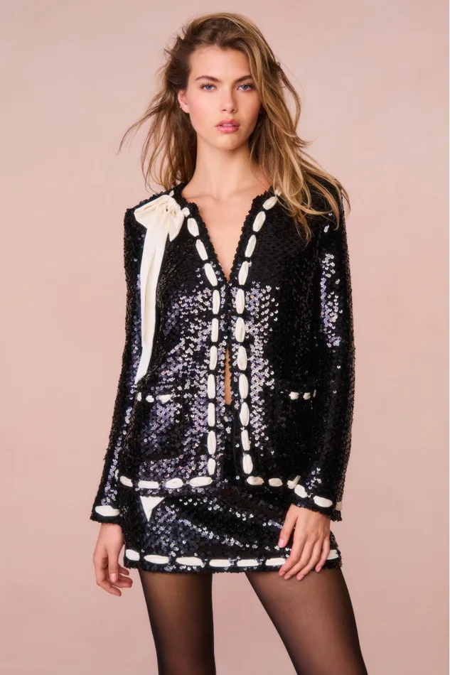Women Jackets and Coats LoveShackFancy Rosina Ribbon Sequined Jacket Black
