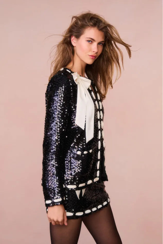 Women Jackets and Coats LoveShackFancy Rosina Ribbon Sequined Jacket Black